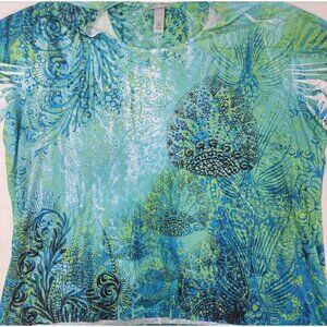 Catherines Women's Short Sleeve Shirt Top NEW Size 5X Blue Green Shiny 'Jewels'